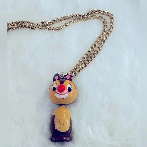 Disney Jewelry - Vintage Wooden Chip N Dale Chipmunk Disney Pendant Gold Chain Necklace Unisex